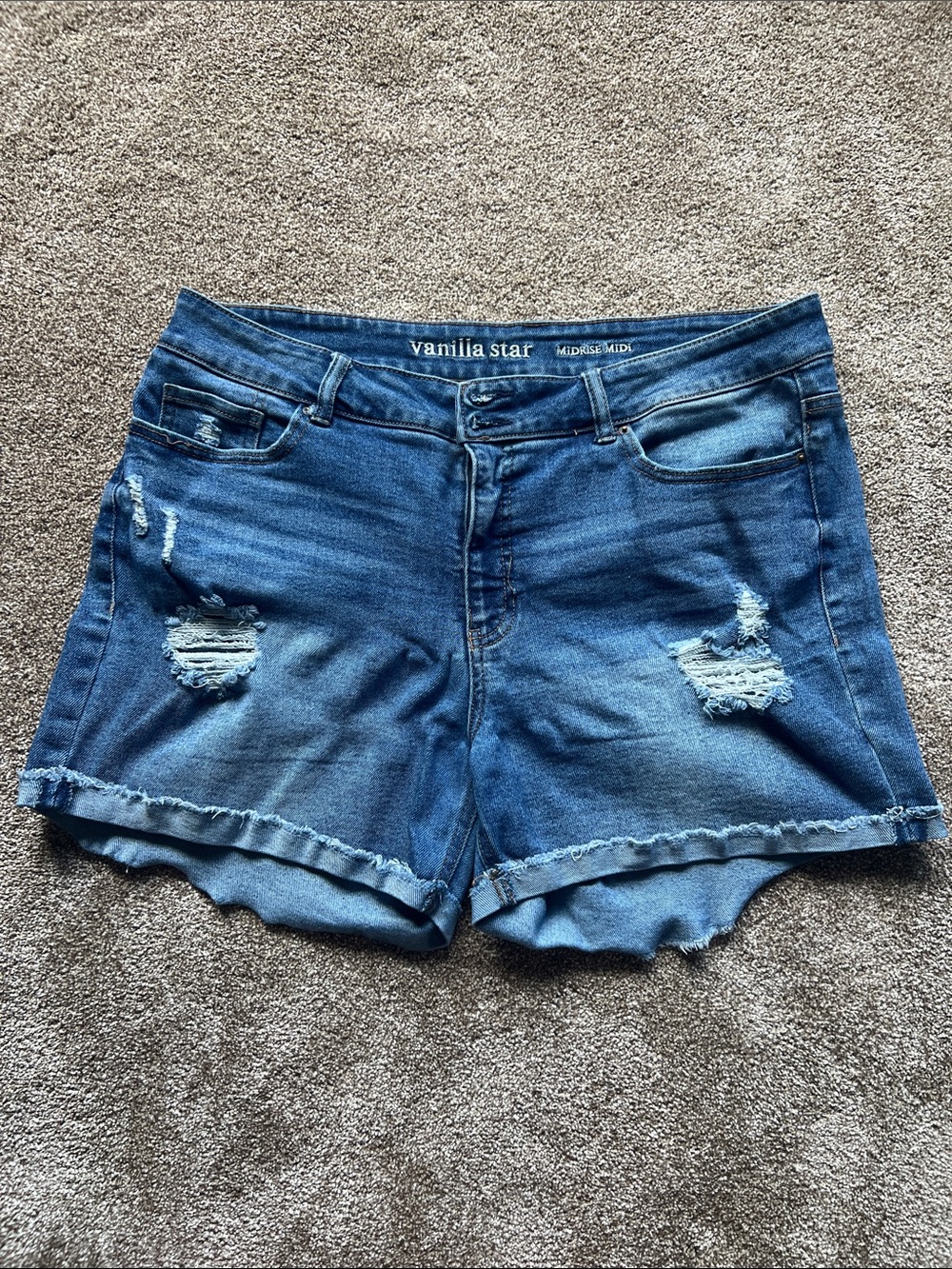 Vanilla Star Mid-Rise Distressed Denim Shorts in Blue